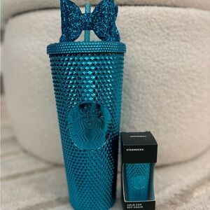 Starbucks Blue Studded Tumbler with Bow and matching keychain